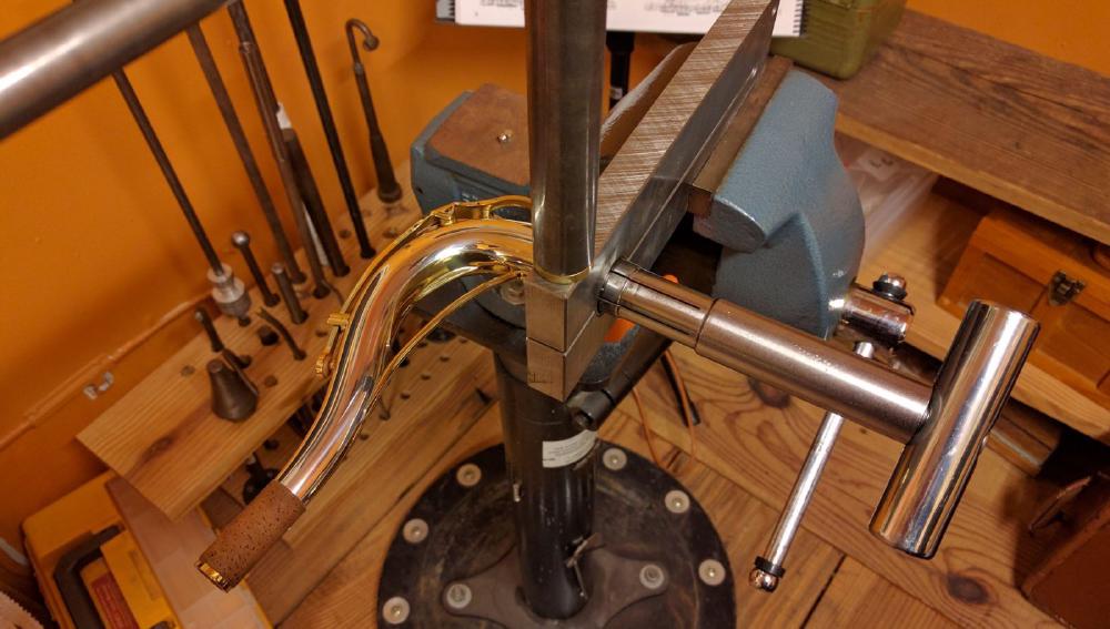 Doing some work at the dent station, 2017. vise stand