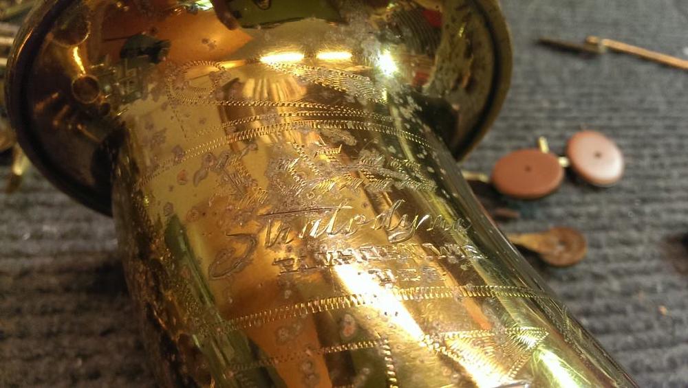 Holton Stratodyne saxophone bell engraving. These are excellent saxophones- not often seen, though.