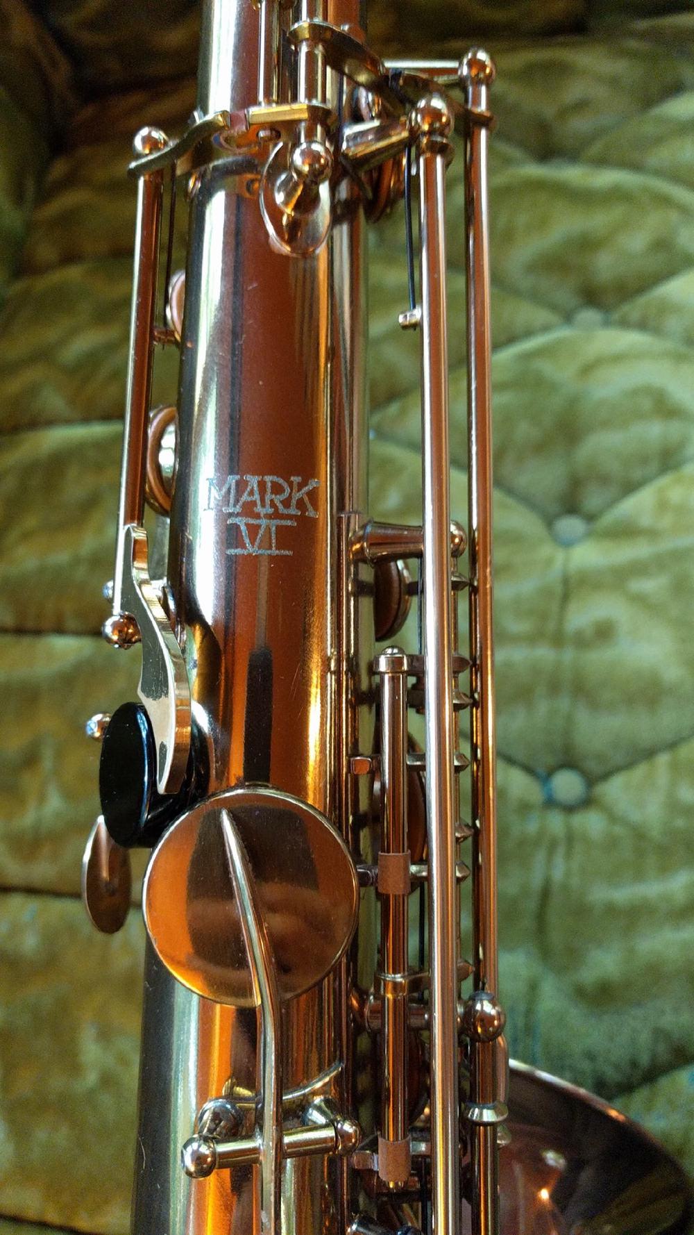 Mark VI engraving on the body of a Mark VI saxophone.
