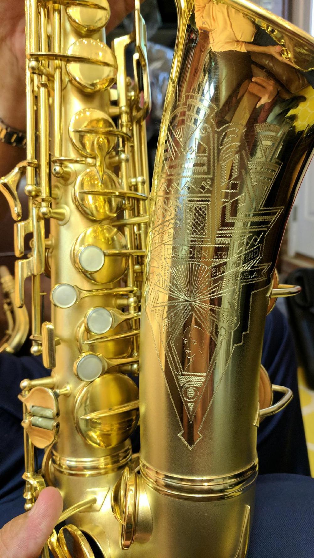 Gold plated Conn transitional 6M with the 'art deco' engraving.