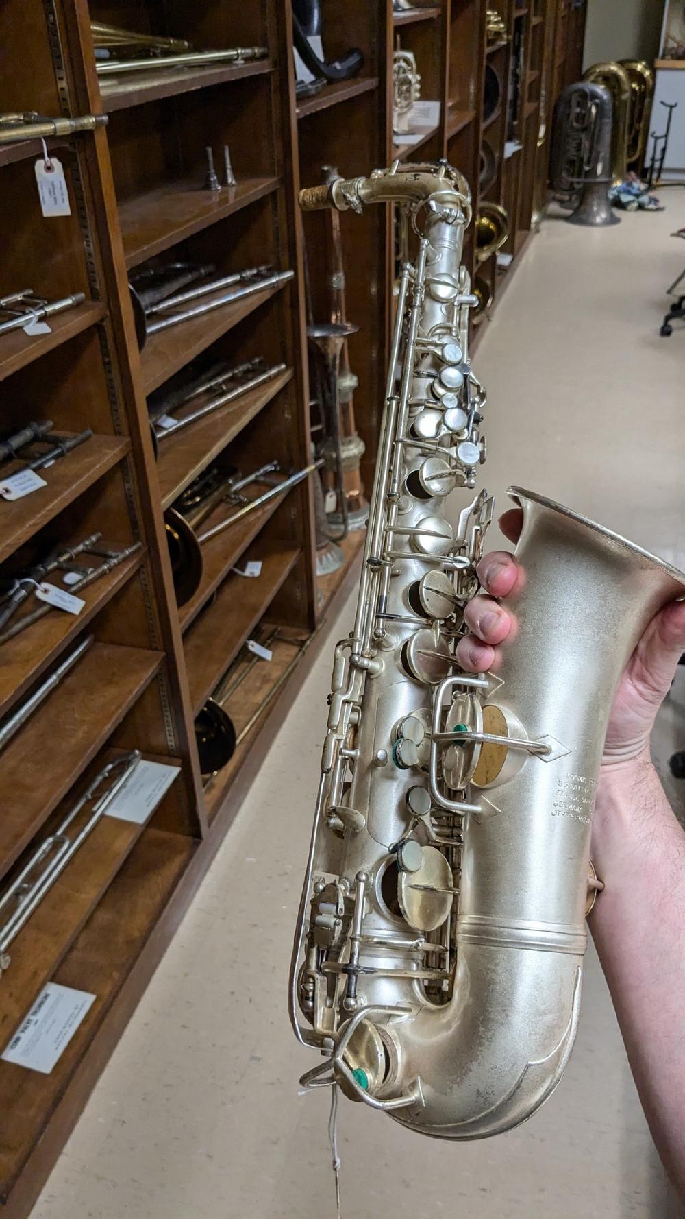 The prototype saxophone Allen Loomis built for his run of 6 Loomis 'Double Resonance' saxophones. He used a Conn New Wonder I as the testbed.