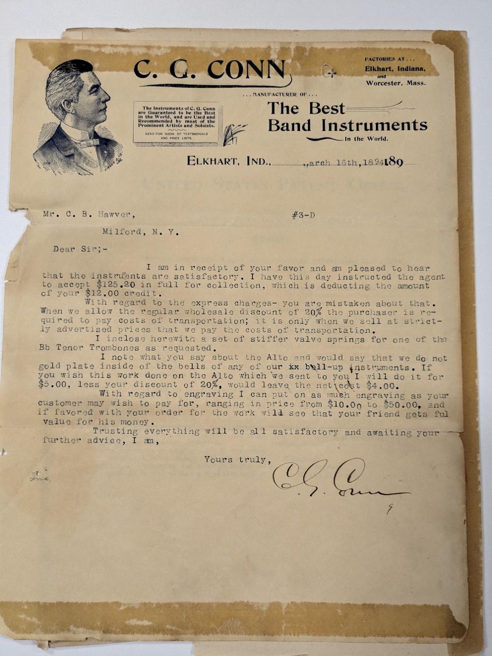 No free shipping for you, sir! Very early C.G. Conn correspondence.