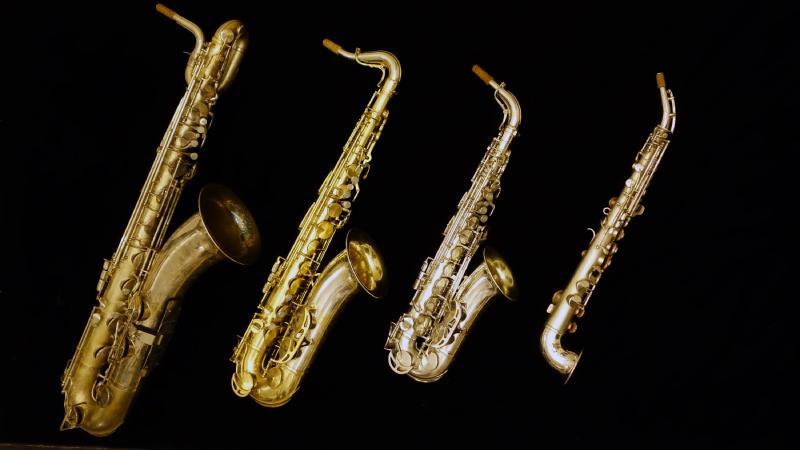 King Super 20 baritone, King Super 20 tenor, King super 20 alto, and King Saxello soprano saxophone.