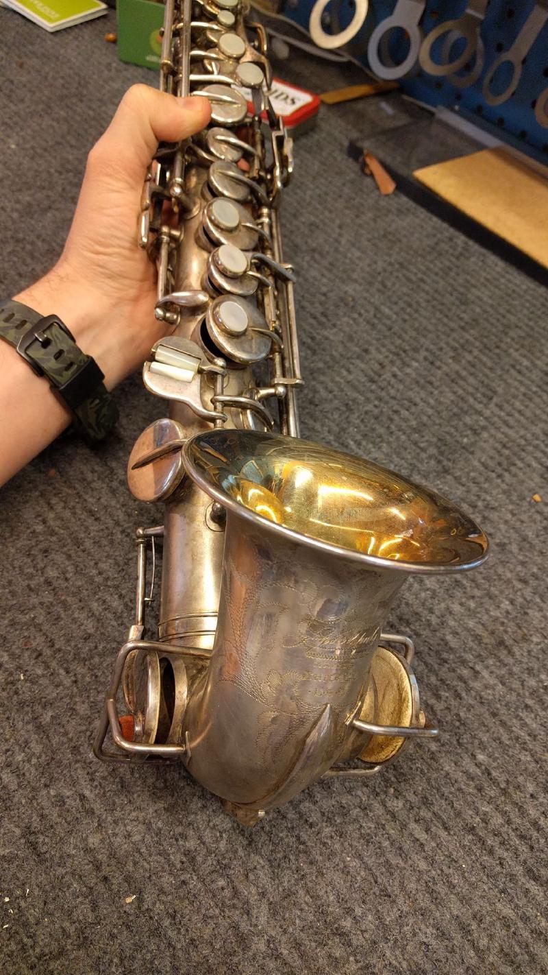 An extremely rare Lyon & Healy &ldquo;Perfect Curved&rdquo; soprano stops by for some minor resoldering work. Original pads.