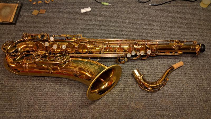 A really clean later Selmer Mark VI tenor. The owner bought it new with his dad when he was a kid. It received a full mechanical rebuild and some dings removed and a neck fit. Owner was concerned about a lack of power, and that certainly isn&rsquo;t a problem anymore! Some of my tidiest work yet, if I do say so myself. I am rarely super pleased with my own work, and when I am it doesn&rsquo;t last for long, but I&rsquo;m pleased with myself tonight. I love clean work. Who did this overhaul? Nobody.