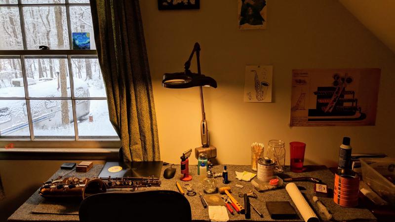 Working from home. Regular workshop (Airstream) visible out the window.