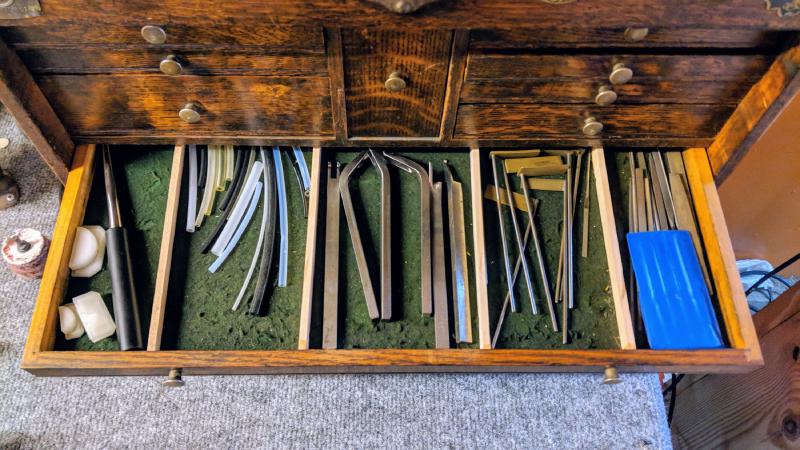 Tonehole lifting set (Votaw), assorted tubing, key bending arms (Ferree&rsquo;s), key bending wedges (Ferree&rsquo;s), assorted files.
