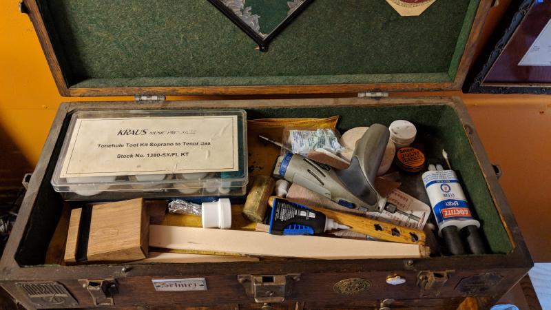 Misc. stuff: rawhide hammer, tonehole files, lapping compound, glues, epoxy, old school cork grease, aluminum foil ball, dremel with pink silicone wheel