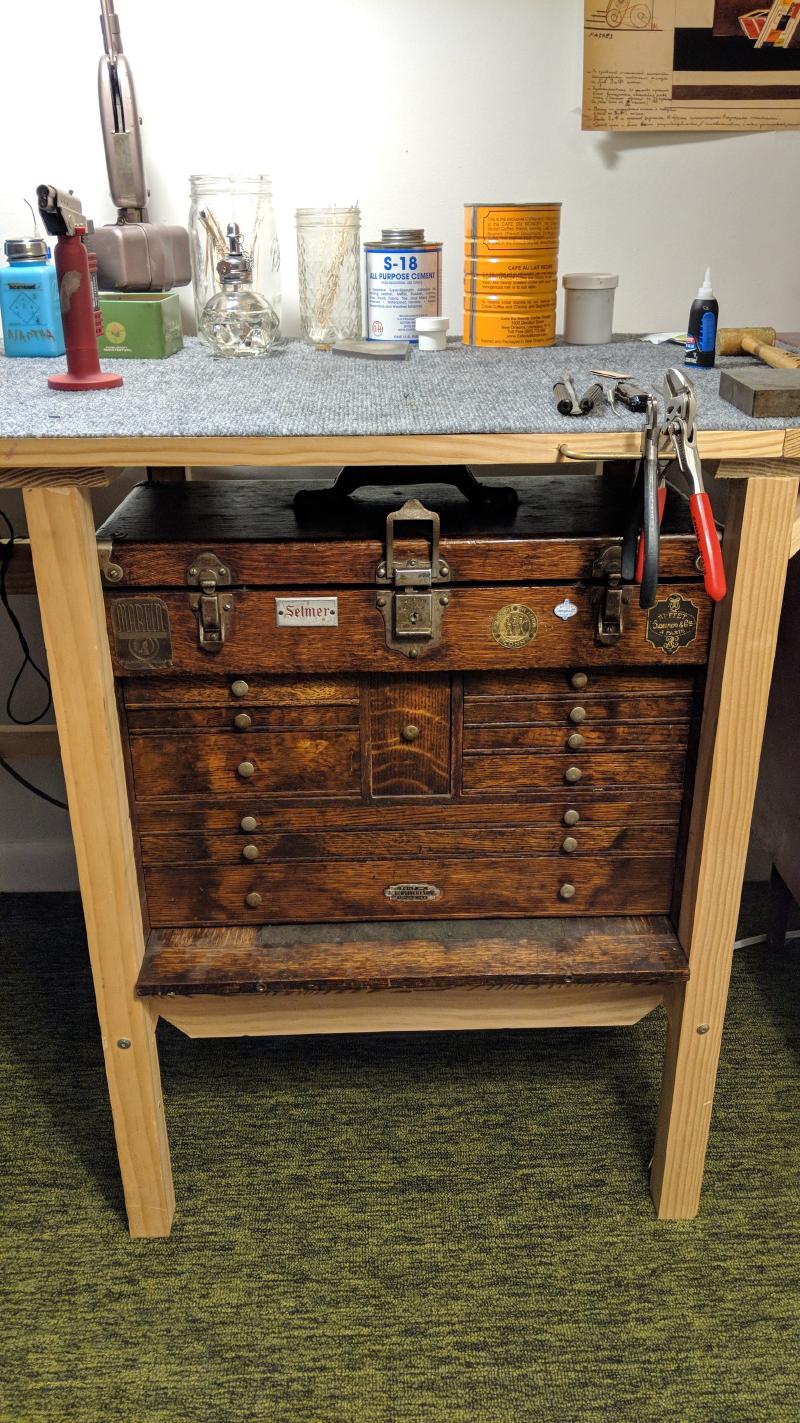 The tool chest in its spot in the at-home bench.