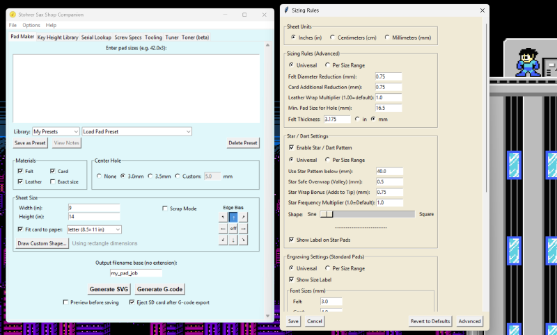Pad Maker interface with Sizing Rules dialog