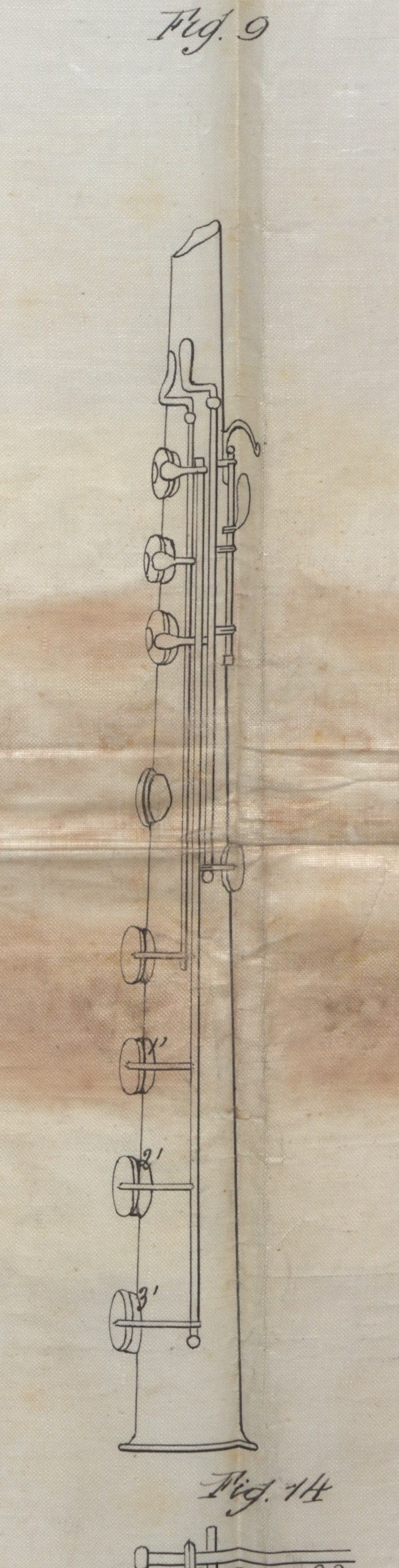 Fig. 9: the low B♭–A–A♭ extension, with its three open keys.  A concerning lack of detail on how it will be actually mechanically implemented.
