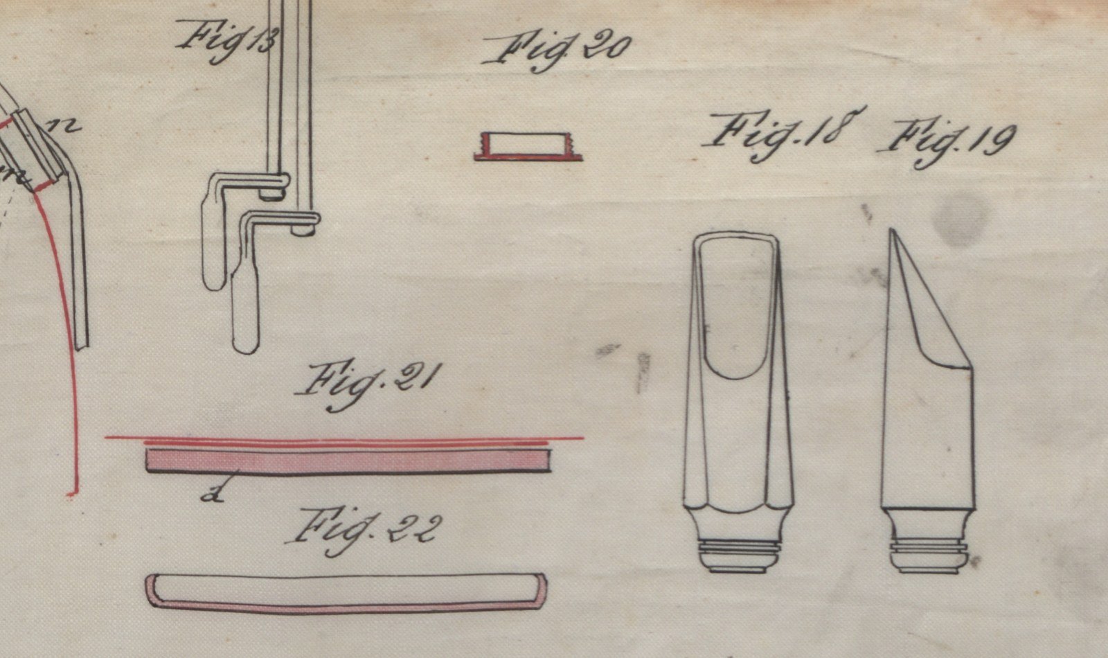Bottom corner of Plate I: figs. 18–19, the electroplated wooden mouthpiece; figs. 21–22, the pad components and a cross section of a pad cup. Bottom corner of Plate I: figs. 18–19, the electroplated wooden mouthpiece; figs. 21–22, the pad components and a cross section of a pad cup.