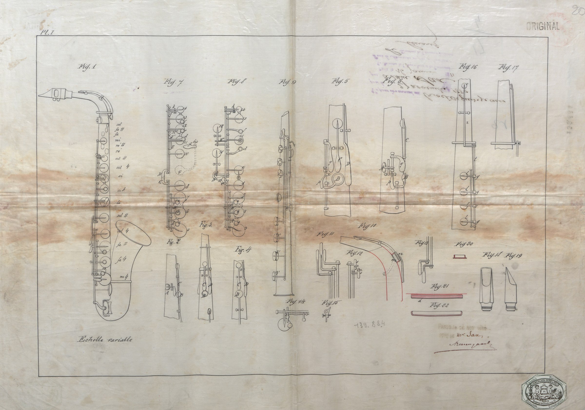Plate I of Adolphe Sax’s final patent, French Patent No. 139,884