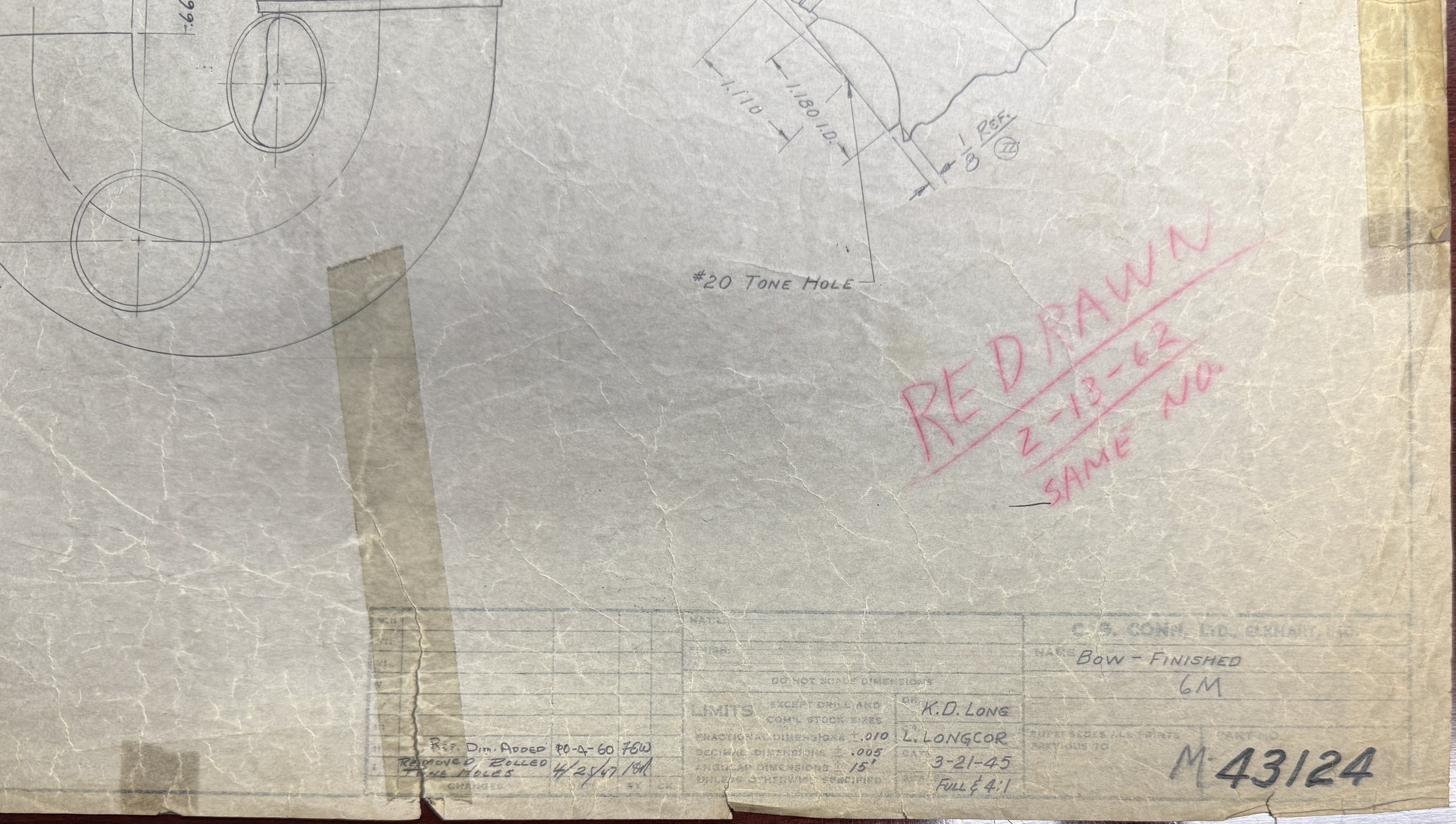 Conn factory blueprint M-43124 for the 6M finished bow, with a change log entry reading REMOVED ROLLED TONE HOLES dated 4-25-47