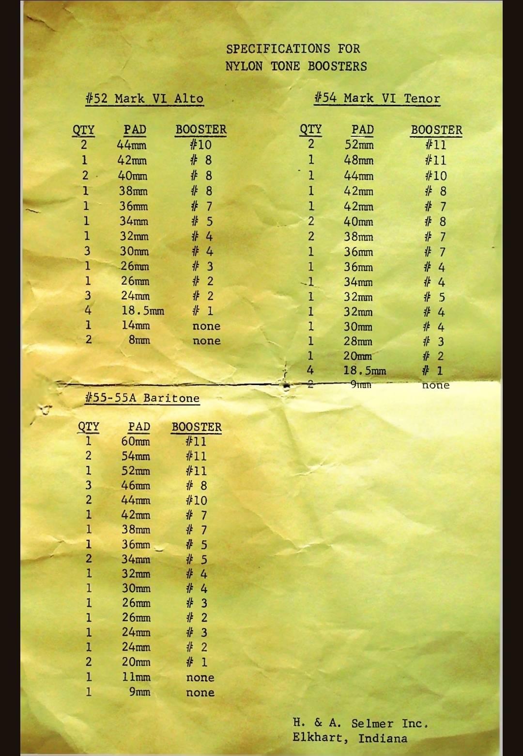 Selmer factory specification sheet for the nylon tone boosters, giving pad size and booster number for the #52 Mark VI alto, #54 Mark VI tenor and #55-55A baritone. H. & A. Selmer Inc., Elkhart, Indiana. Courtesy of Josh Creekmore, Saxquest.