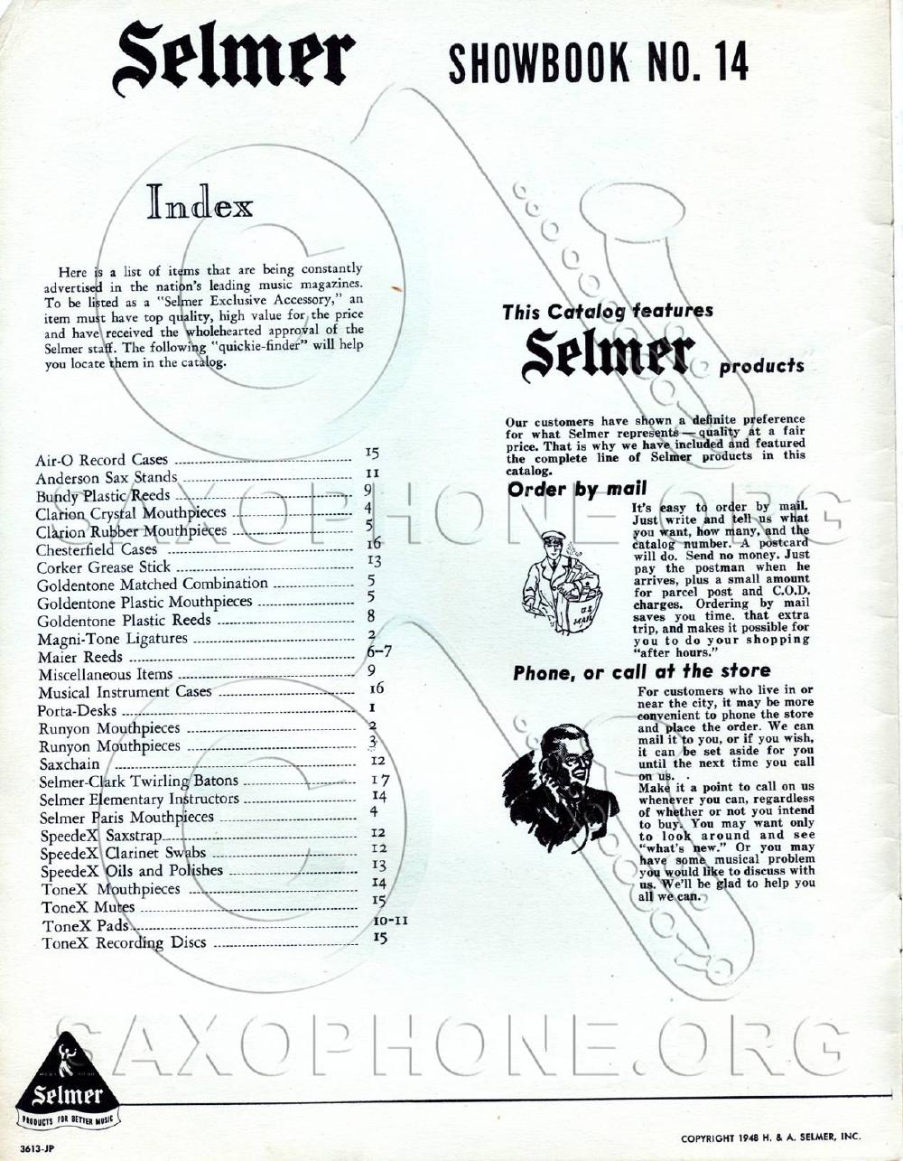 The index of Selmer Showbook No. 14, 1948, showing how broadly the ToneX name was used- ToneX Mouthpieces, ToneX Mutes, ToneX Pads and ToneX Recording Discs. Courtesy of Josh Creekmore, Saxquest, and Saxophone.org.