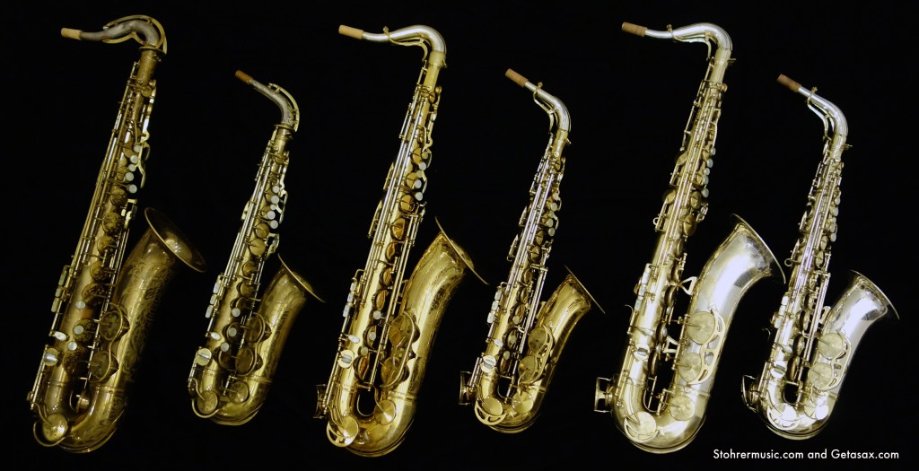 From L-R, all are original finish: King Zephyr Special tenor, King Zephyr Special alto, King Super 20 tenor full pearls, King Super 20 alto full pearls, King Super 20 Silver-Sonic tenor gold plate full pearls, King Super 20 Silver-Sonic alto original silver plate full pearls.